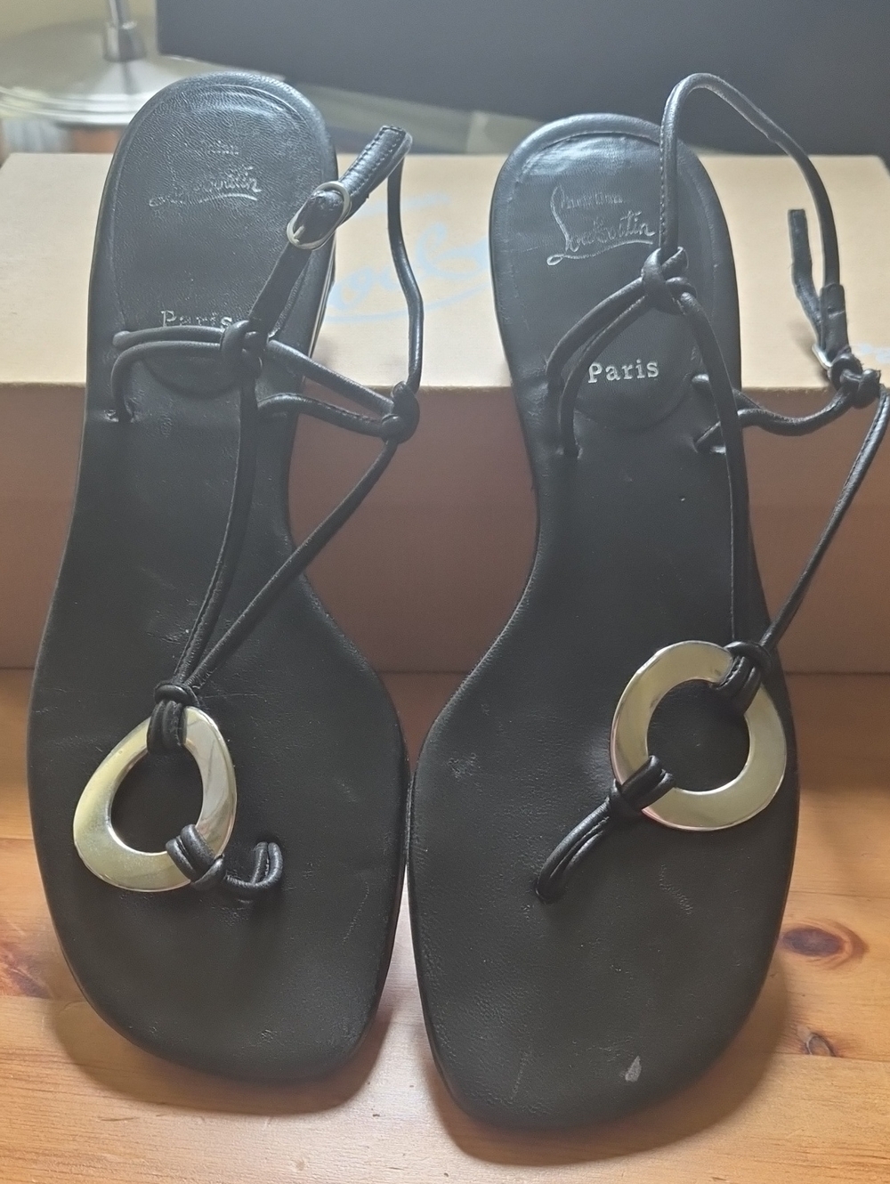 Christian Louboutin Black Leather Ring-Detail Flat Sandals